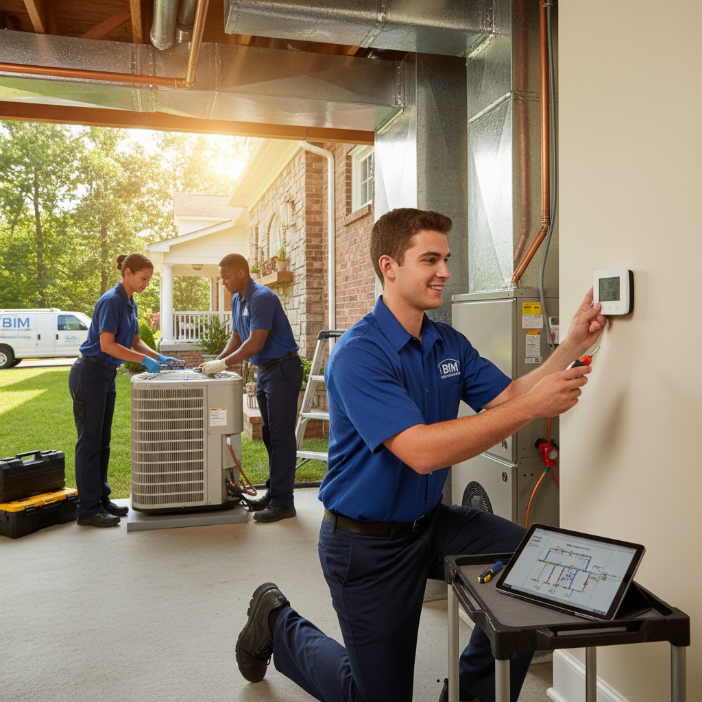 BIM Heating and Cooling technician inspecting a furnace in a Fredericksburg, Virginia home.