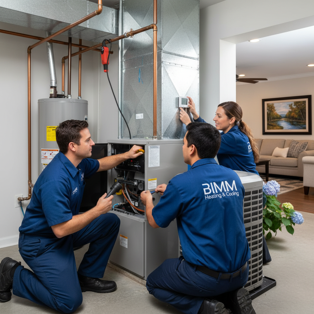 BIM Heating and Cooling technician inspecting a furnace in a Fredericksburg, Virginia home.