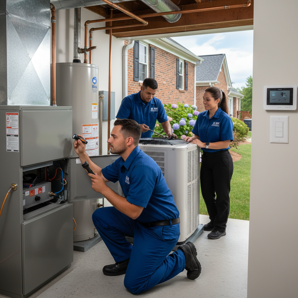 BIM Heating and Cooling technician inspecting a furnace in a Fredericksburg, Virginia home.