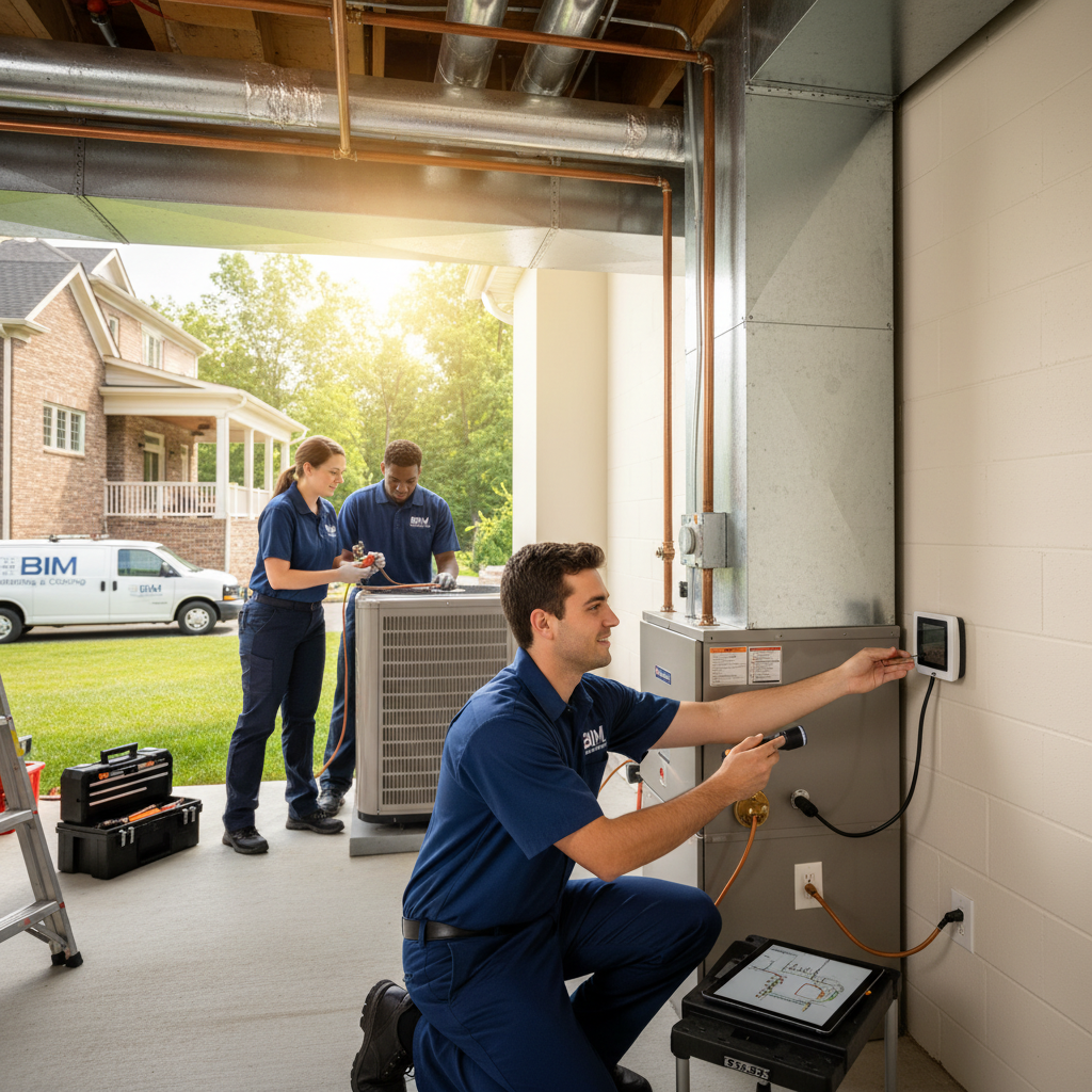 BIM Heating and Cooling technician inspecting a furnace in a Fredericksburg, Virginia home.