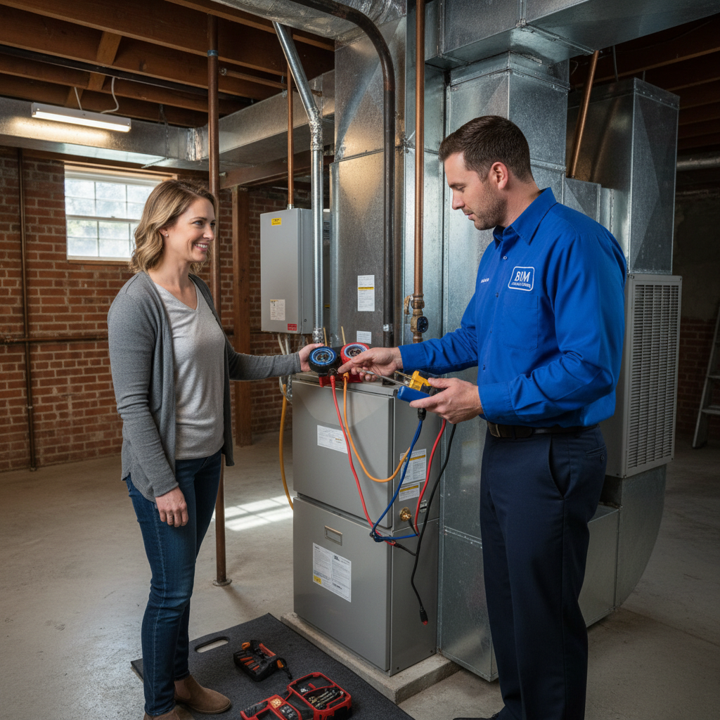 BIM Heating and Cooling technician inspecting a furnace in a Fredericksburg, Virginia home.
