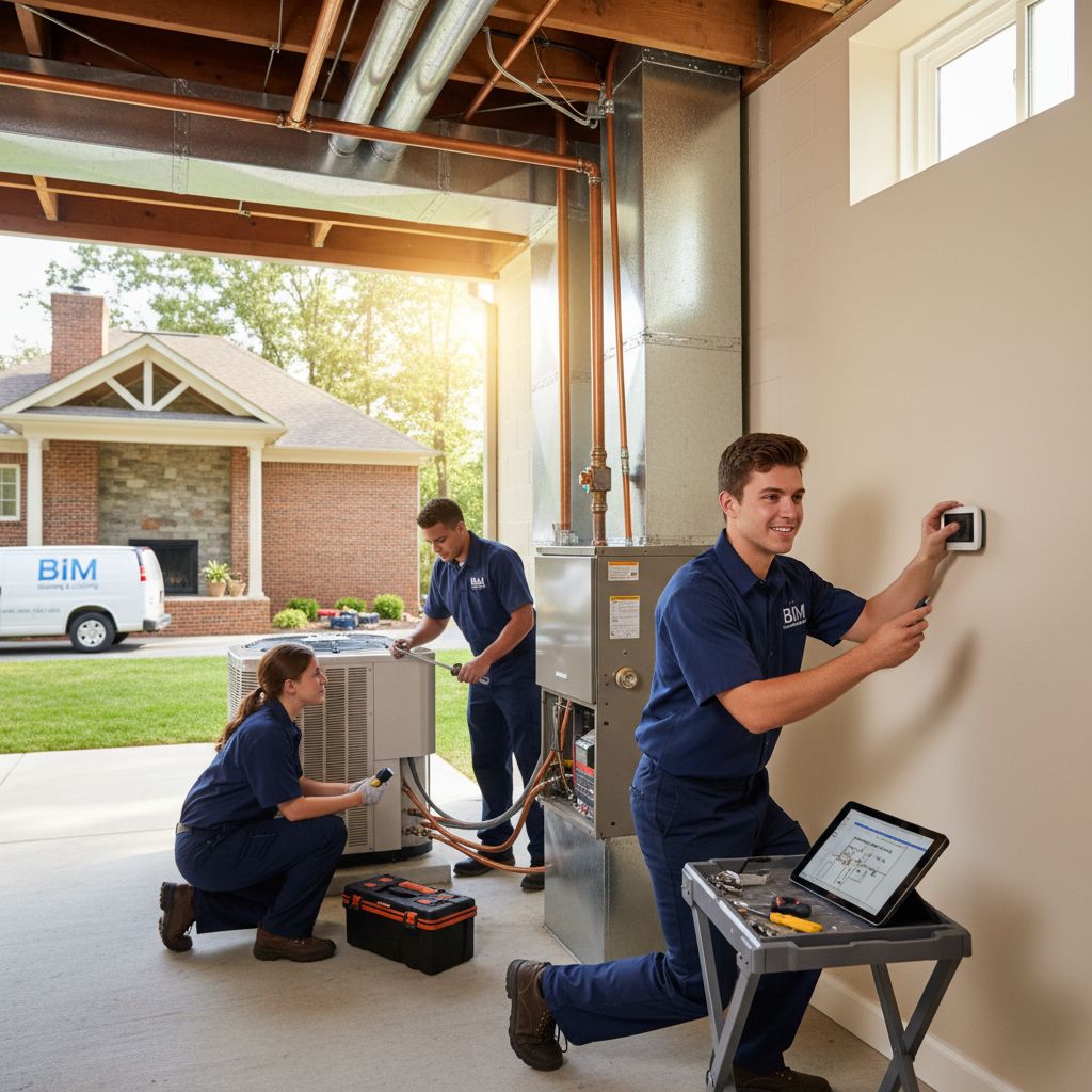 BIM Heating and Cooling technician inspecting a furnace in a Fredericksburg, Virginia home.