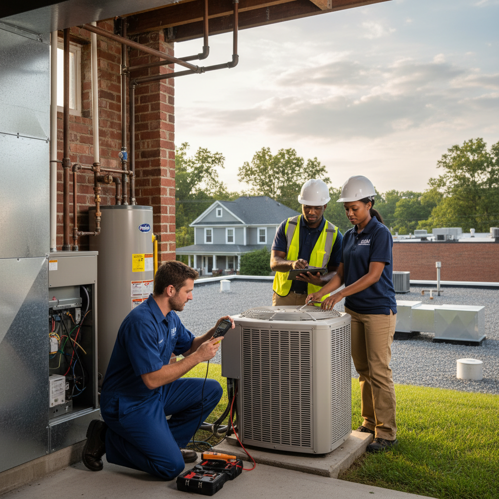BIM Heating and Cooling technician inspecting a furnace in a Fredericksburg, Virginia home.