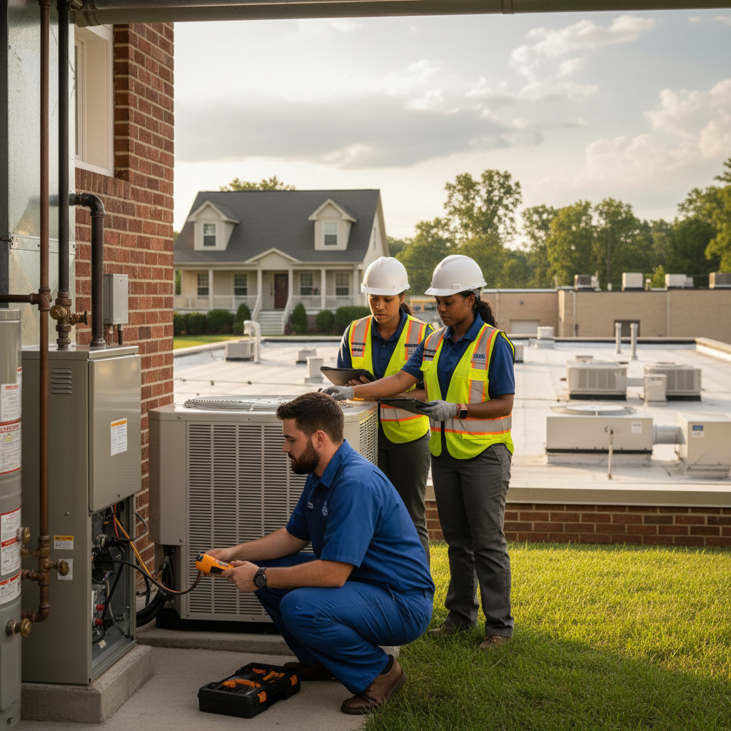 BIM Heating and Cooling technician inspecting a furnace in a Fredericksburg, Virginia home.