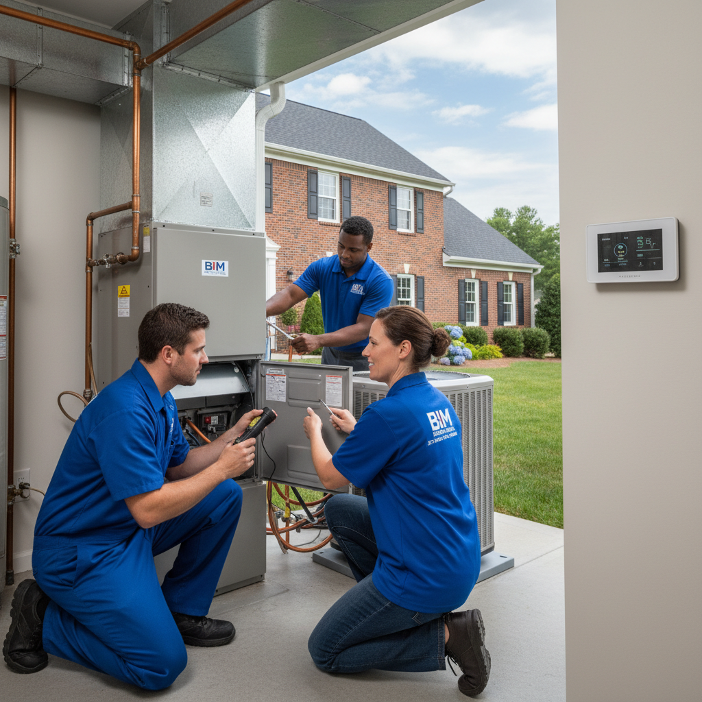 BIM Heating and Cooling technician inspecting a furnace in a Fredericksburg, Virginia home.