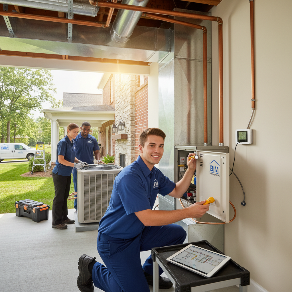 BIM Heating and Cooling technician inspecting a furnace in a Fredericksburg, Virginia home.