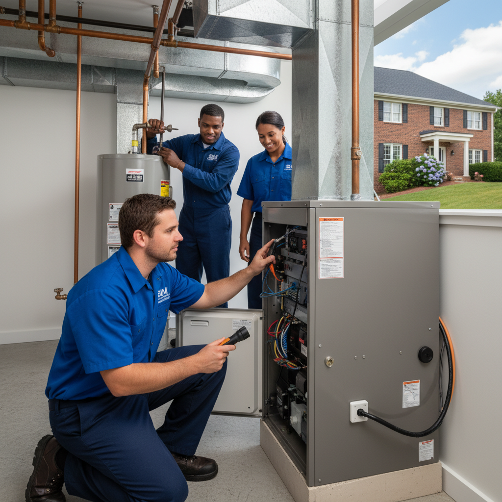 BIM Heating and Cooling technician inspecting a furnace in a Fredericksburg, Virginia home.