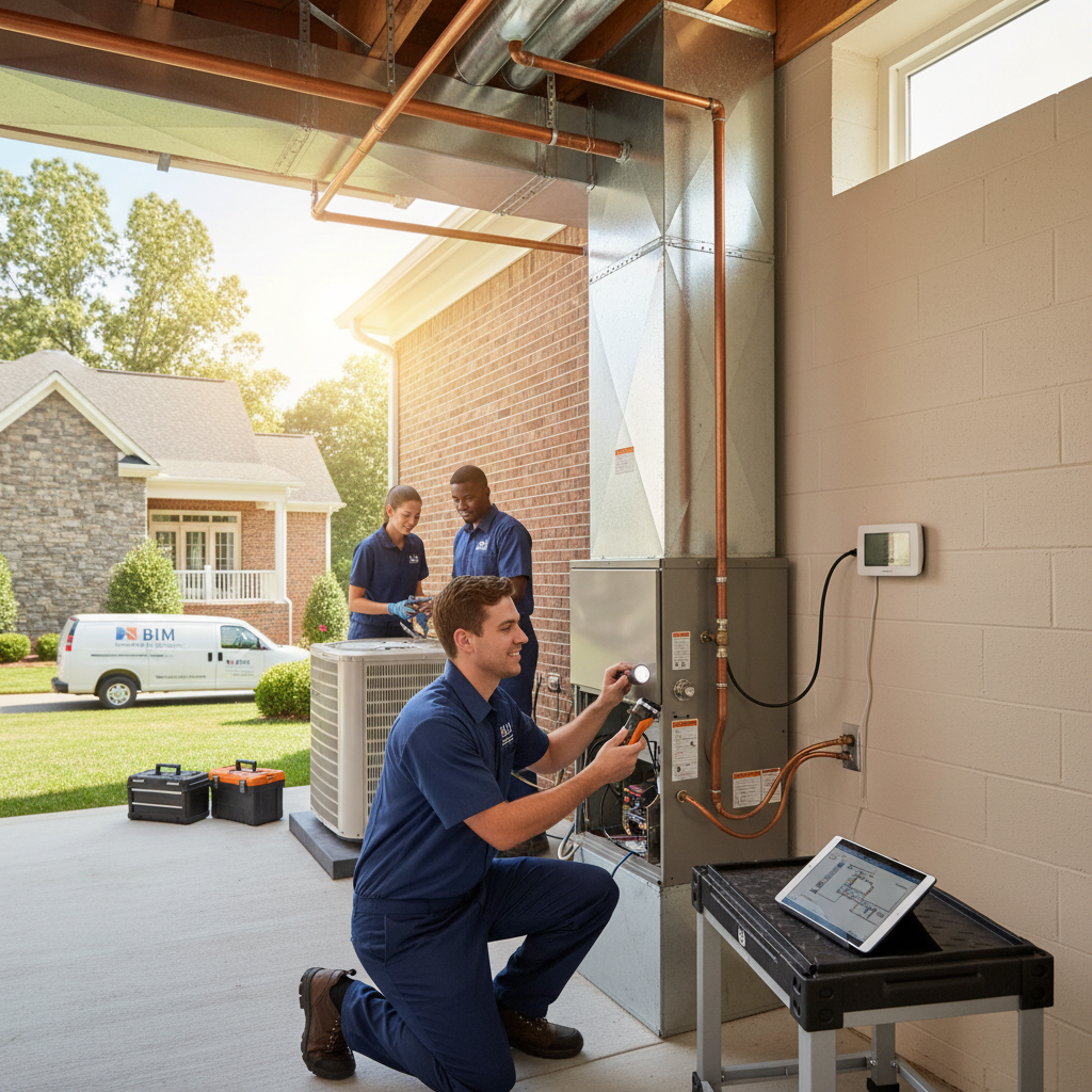 BIM Heating and Cooling technician inspecting a furnace in a Fredericksburg, Virginia home.