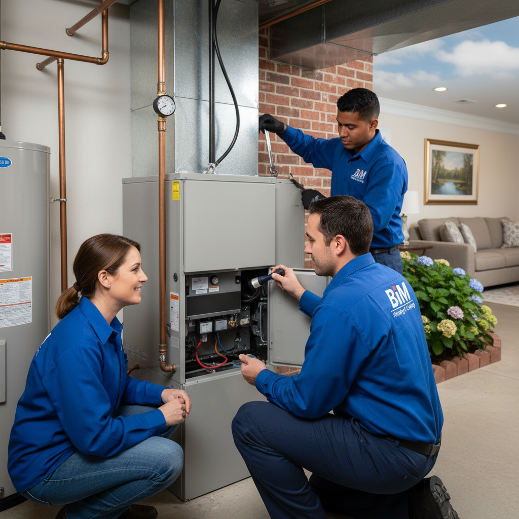 BIM Heating and Cooling technician inspecting a furnace in a Fredericksburg, Virginia home.