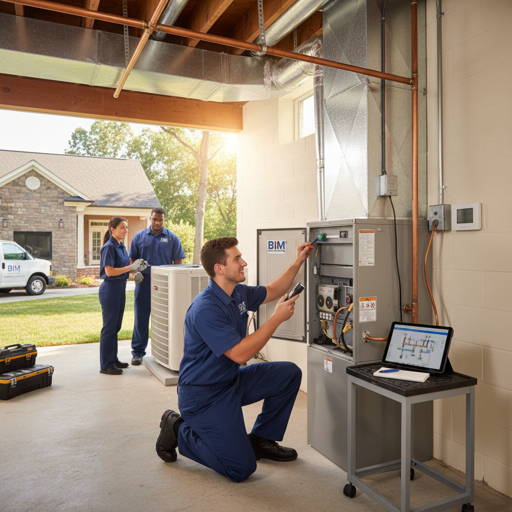 BIM Heating and Cooling technician inspecting a furnace in a Fredericksburg, Virginia home.