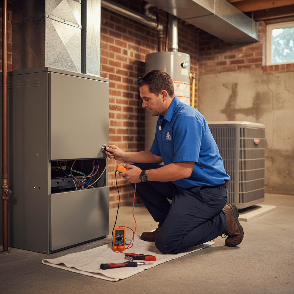 BIM Heating and Cooling technician inspecting a furnace in a Fredericksburg, Virginia home, ensuring optimal performance.