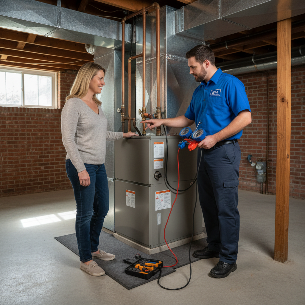 BIM Heating and Cooling technician inspecting a furnace in a Fredericksburg, Virginia home.