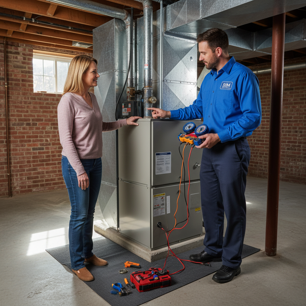 BIM Heating and Cooling technician inspecting a furnace in a Fredericksburg, Virginia home.