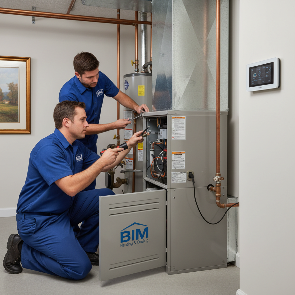BIM Heating and Cooling technician inspecting a furnace in a Fredericksburg, Virginia home.