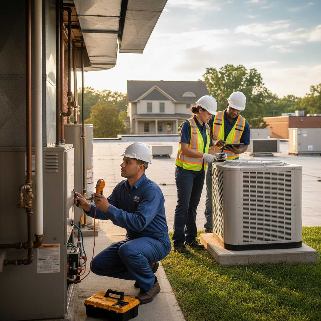 BIM Heating and Cooling technician inspecting a furnace in a Fredericksburg, Virginia home.