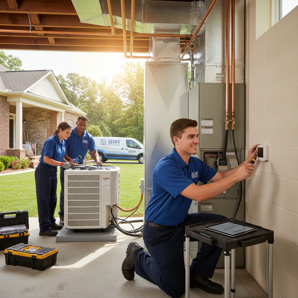 BIM Heating and Cooling technician inspecting a furnace in a Fredericksburg, Virginia home.