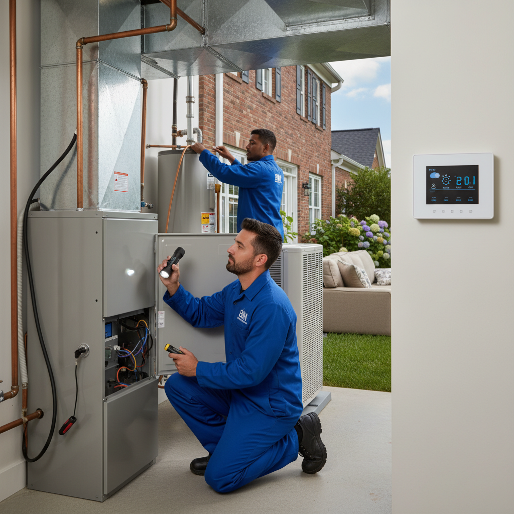 BIM Heating and Cooling technician inspecting a furnace in a Fredericksburg, Virginia home.