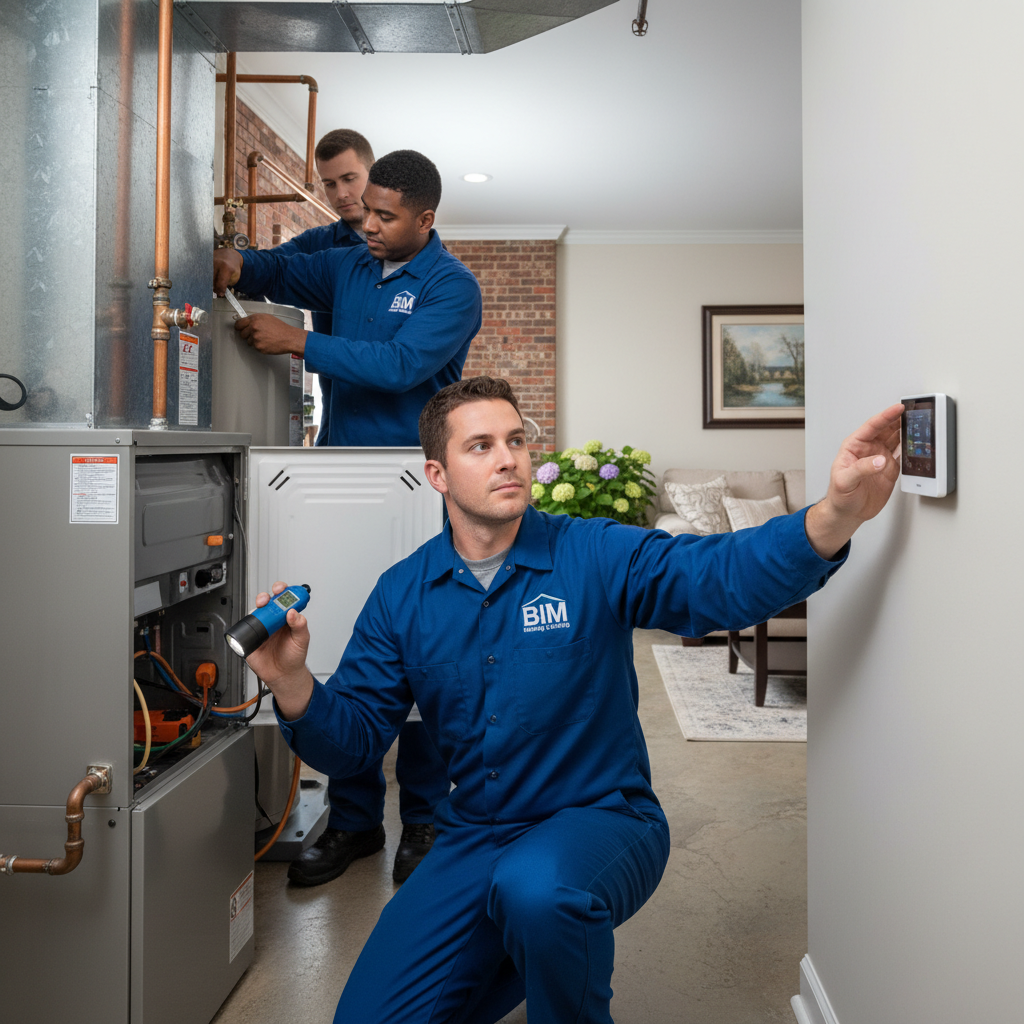 BIM Heating and Cooling technician inspecting a furnace in a Fredericksburg, Virginia home.