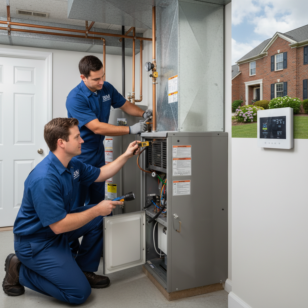 BIM Heating and Cooling technician inspecting a furnace in a Fredericksburg, Virginia home.