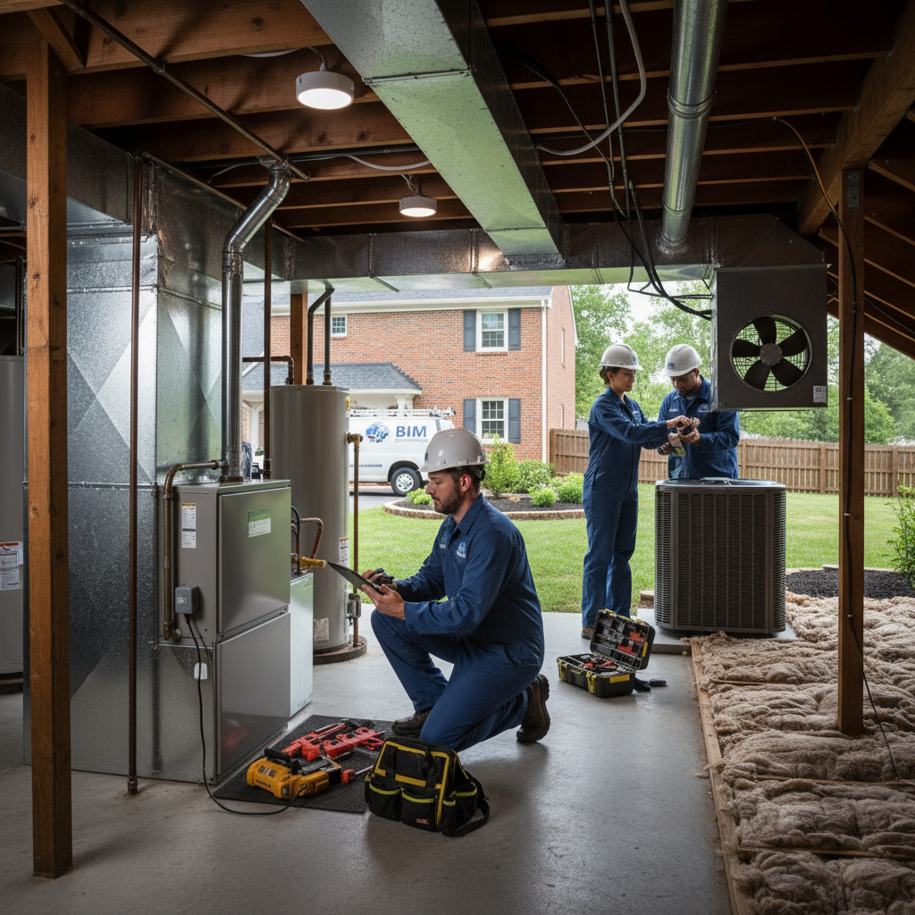 BIM Heating and Cooling technician inspecting a furnace in a Fredericksburg, VA home.
