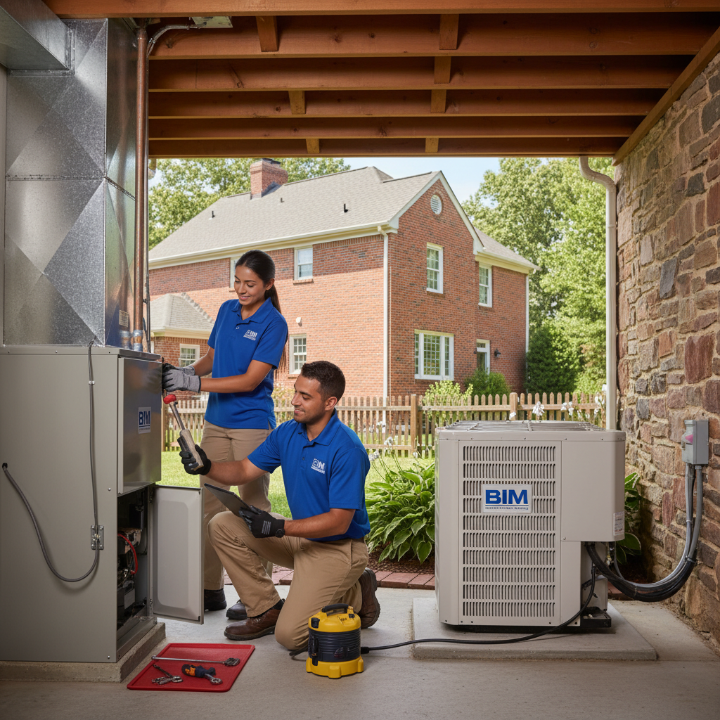 BIM Heating and Cooling technician inspecting a furnace in a Fredericksburg, Virginia home.