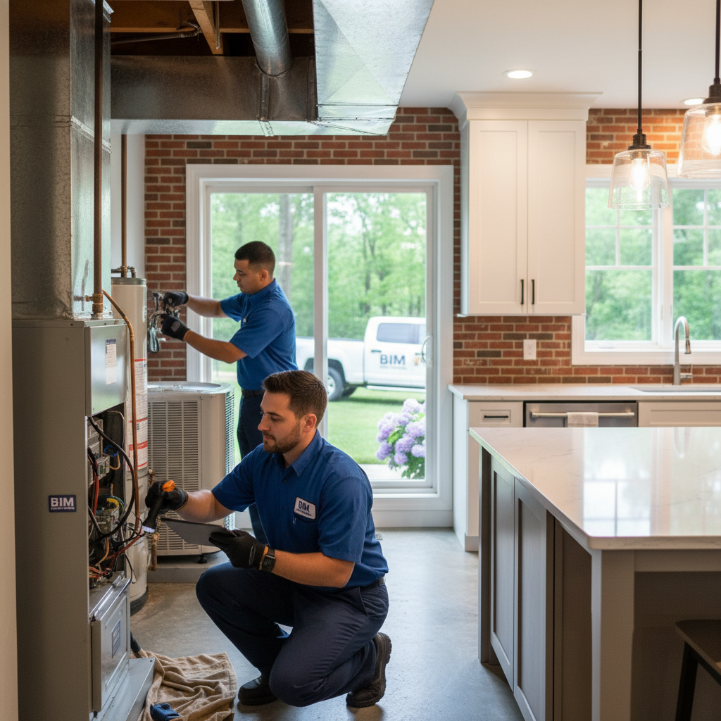 BIM Heating and Cooling technician inspecting a furnace in a Fredericksburg, Virginia home.