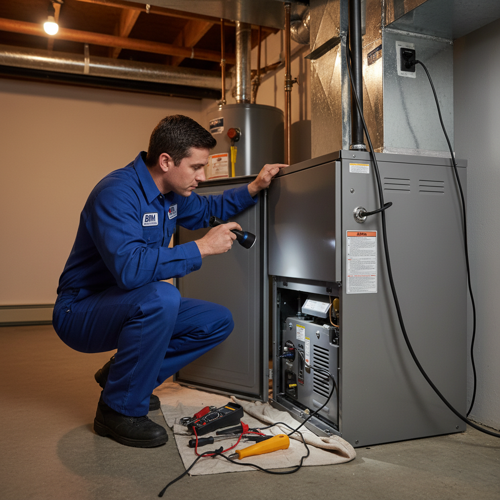 BIM Heating and Cooling technician inspecting a furnace inside a Virginia home near Fredericksburg, ensuring comfort.