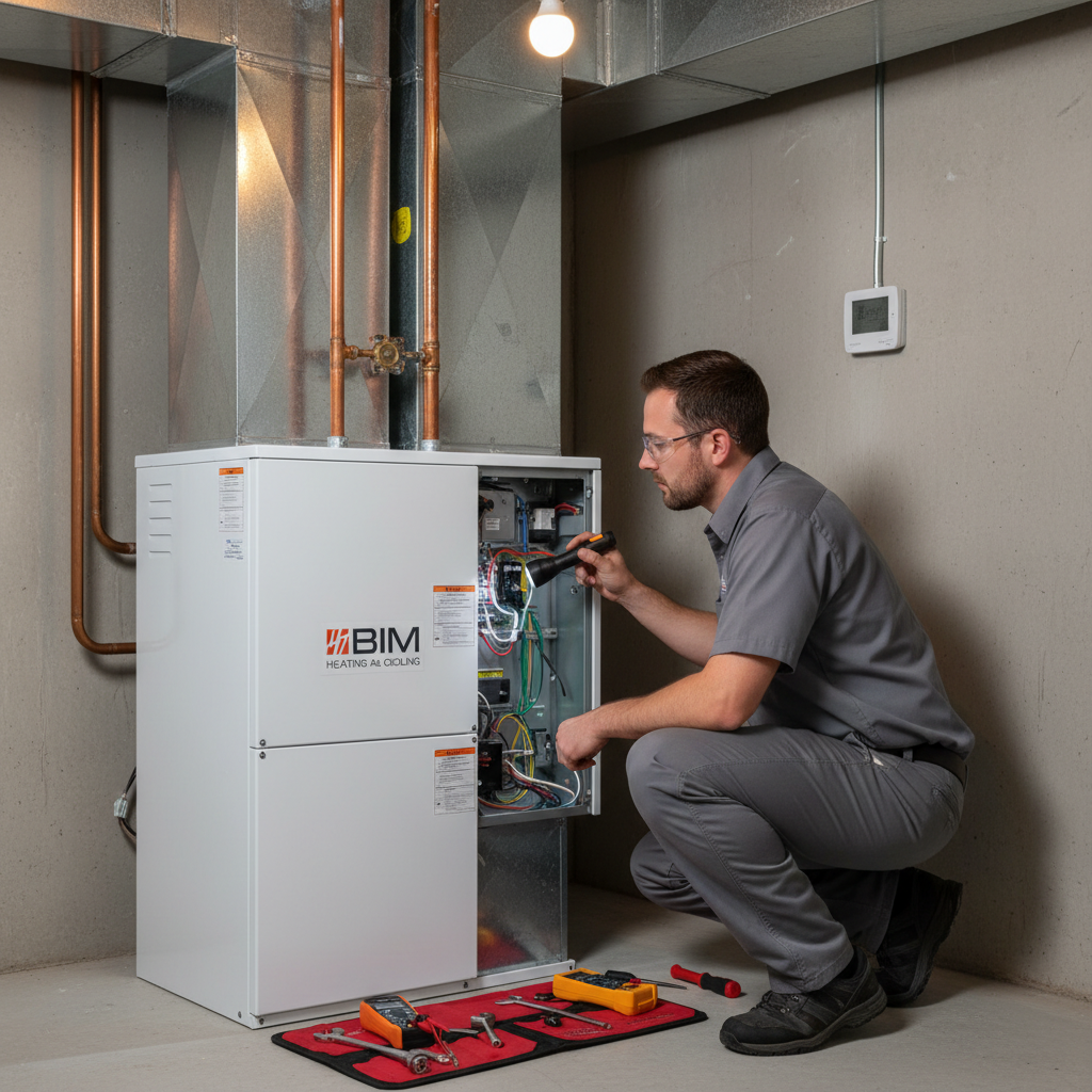 BIM Heating and Cooling technician inspecting a modern furnace in a Fredericksburg, Virginia home.