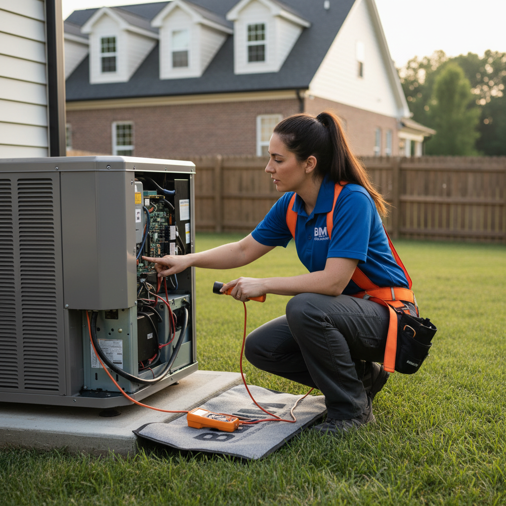 BIM Heating and Cooling technician inspecting a residential HVAC unit in Fredericksburg, Virginia.