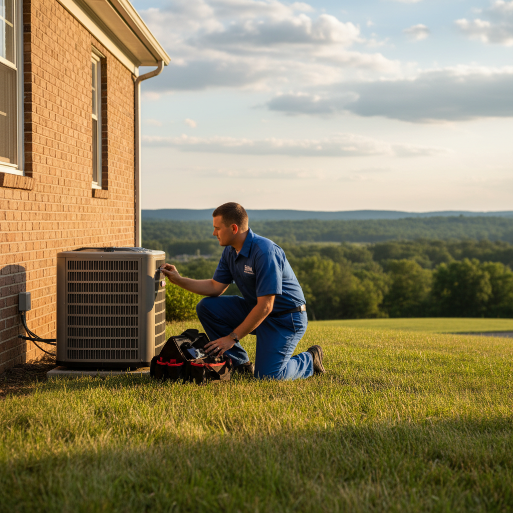 BIM Heating and Cooling technician inspecting a residential HVAC unit in Fredericksburg, Virginia.