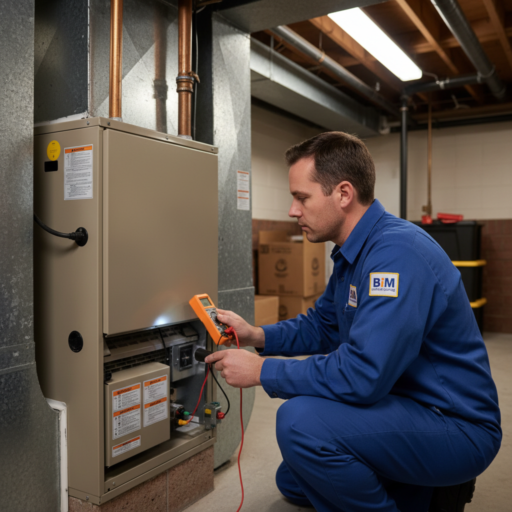 BIM Heating and Cooling technician inspecting a residential furnace in Fredericksburg, Virginia.