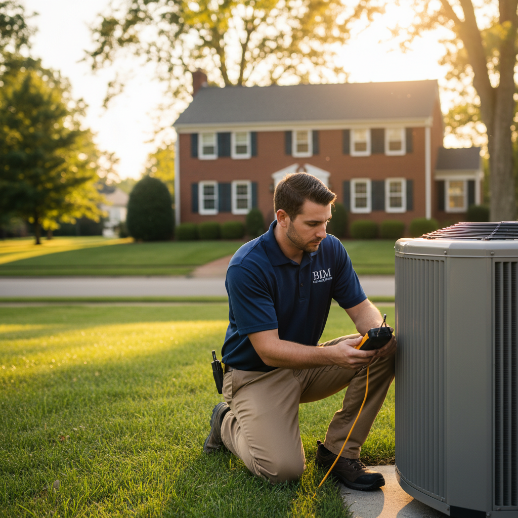 BIM Heating and Cooling technician inspecting a residential HVAC unit in Fredericksburg, Virginia.