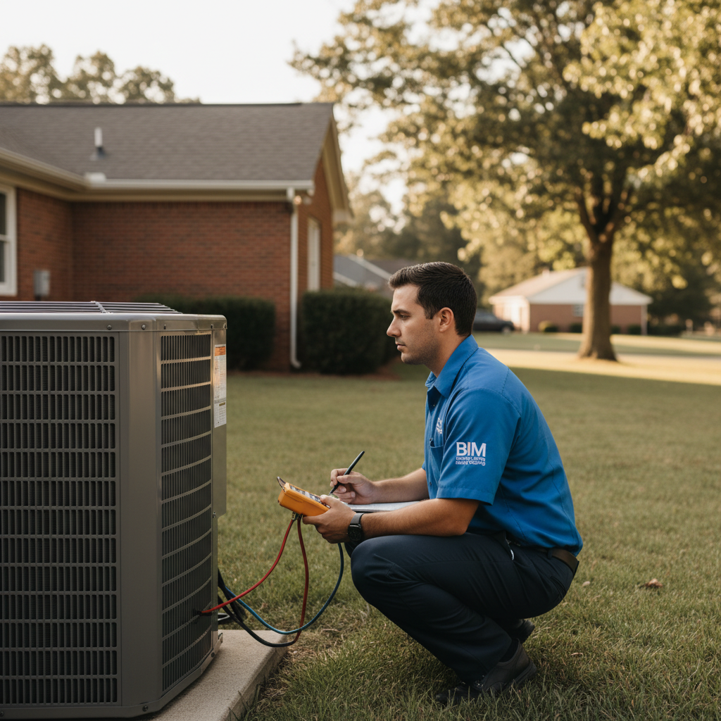 BIM Heating and Cooling technician inspecting a residential AC unit in Fredericksburg, Virginia.