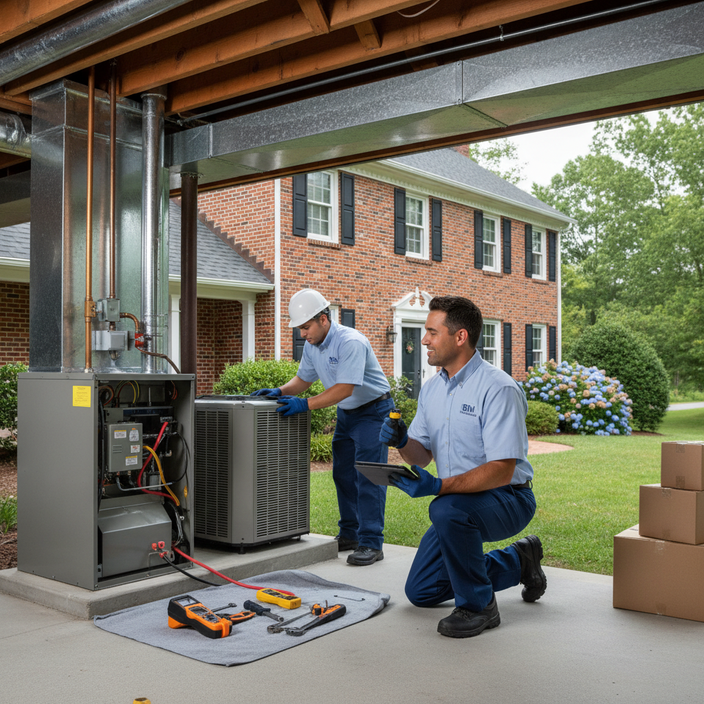 BIM Heating and Cooling technician inspecting a residential HVAC unit in Fredericksburg, Virginia.