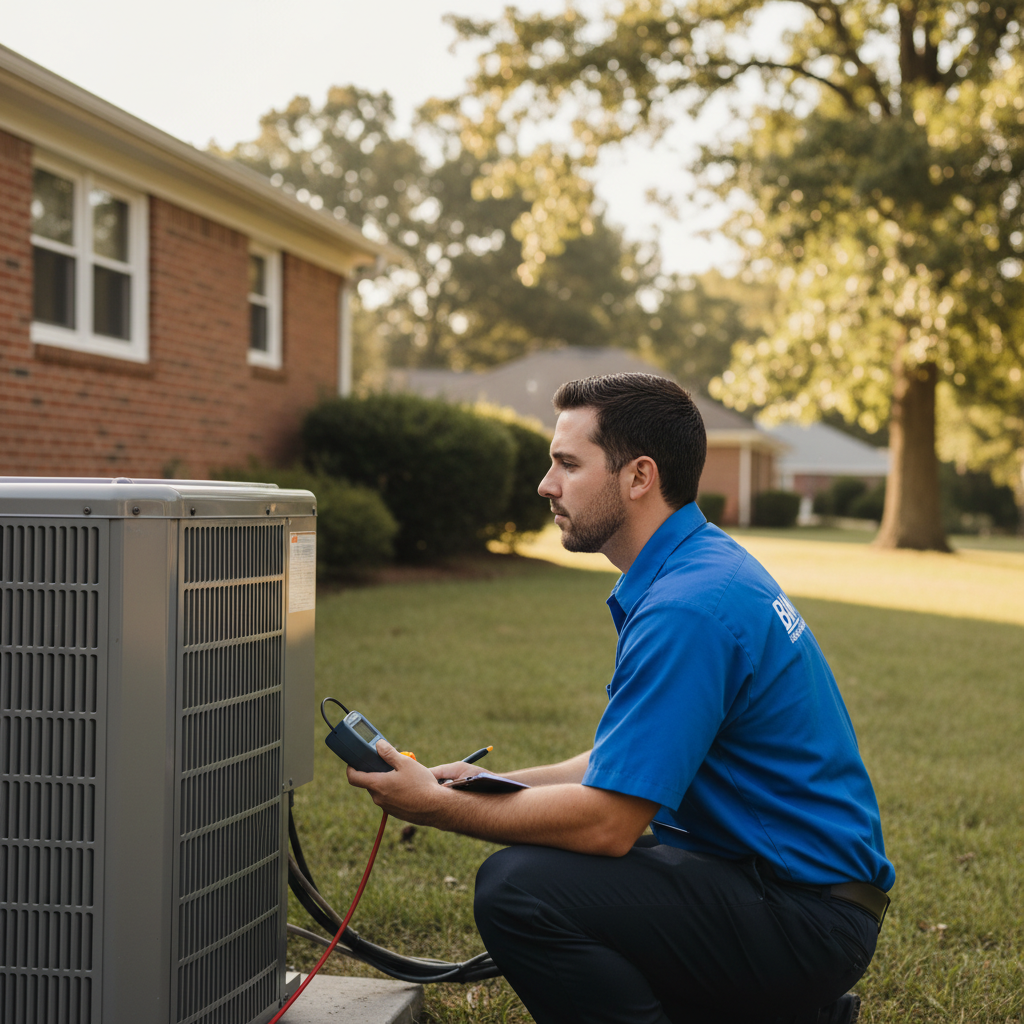 BIM Heating and Cooling technician inspecting a residential AC unit in Fredericksburg, Virginia.