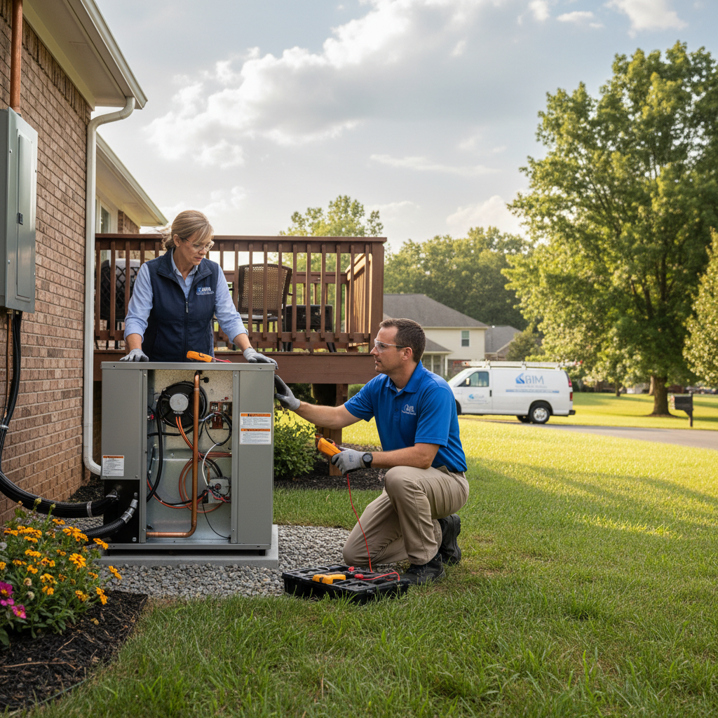 BIM Heating and Cooling technician inspecting a residential HVAC unit in Fredericksburg, Virginia.