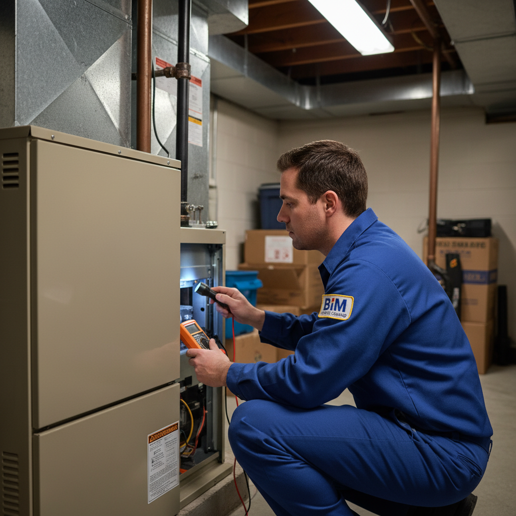 BIM Heating and Cooling technician inspecting a residential furnace in Fredericksburg, Virginia.