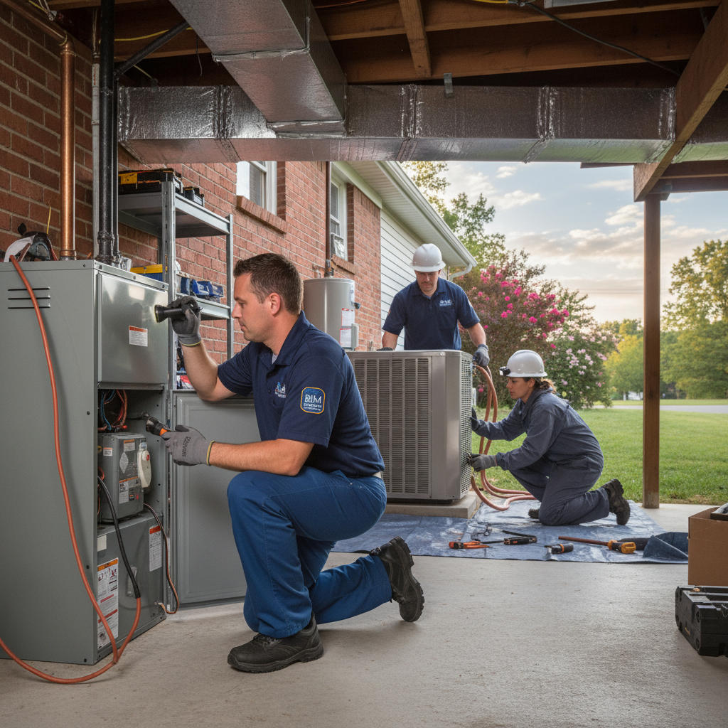 BIM Heating and Cooling technician inspecting a residential furnace in Fredericksburg, VA.