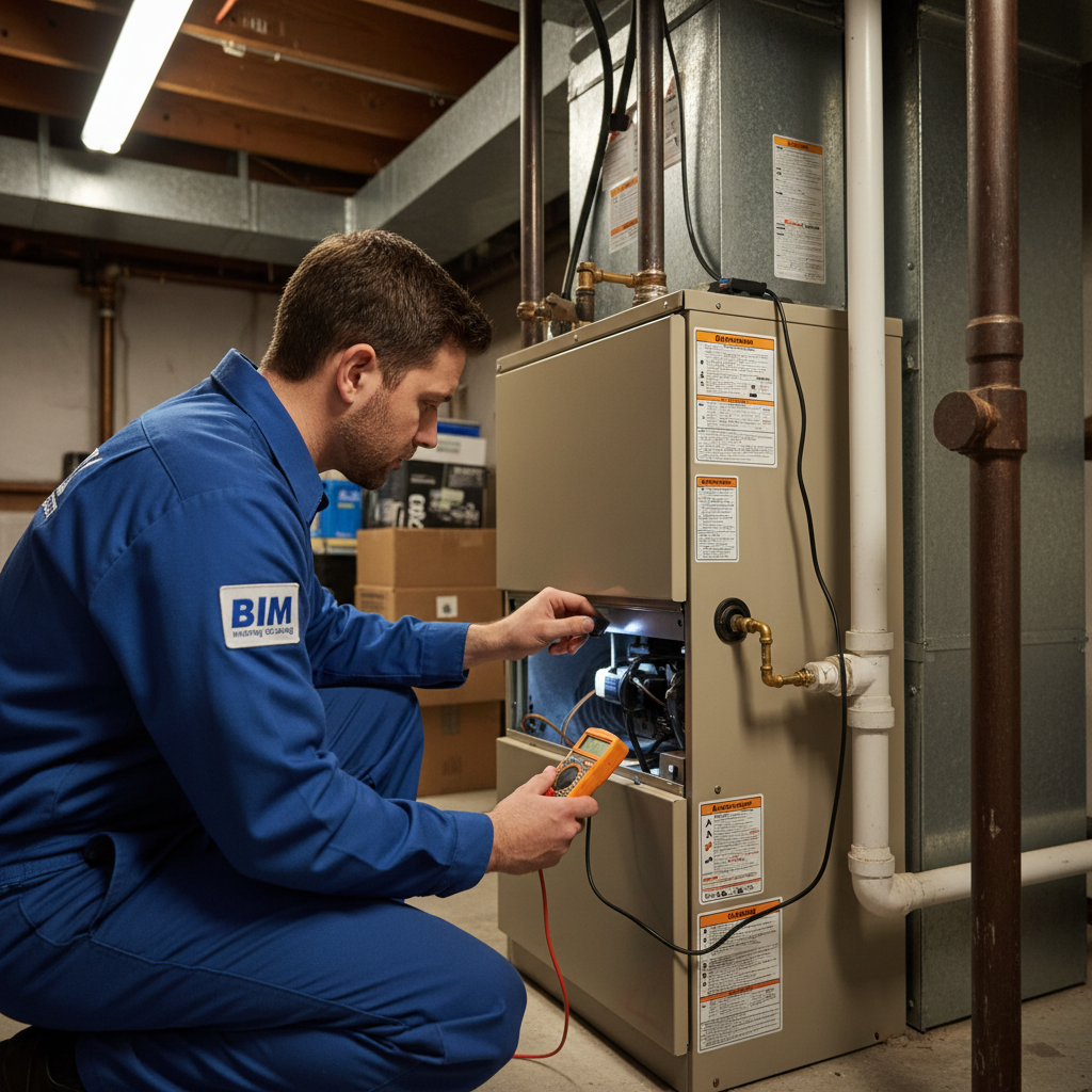 BIM Heating and Cooling technician inspecting a residential furnace in Fredericksburg, Virginia.