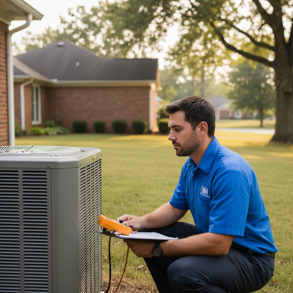 BIM Heating and Cooling technician inspecting a residential AC unit in Fredericksburg, Virginia.