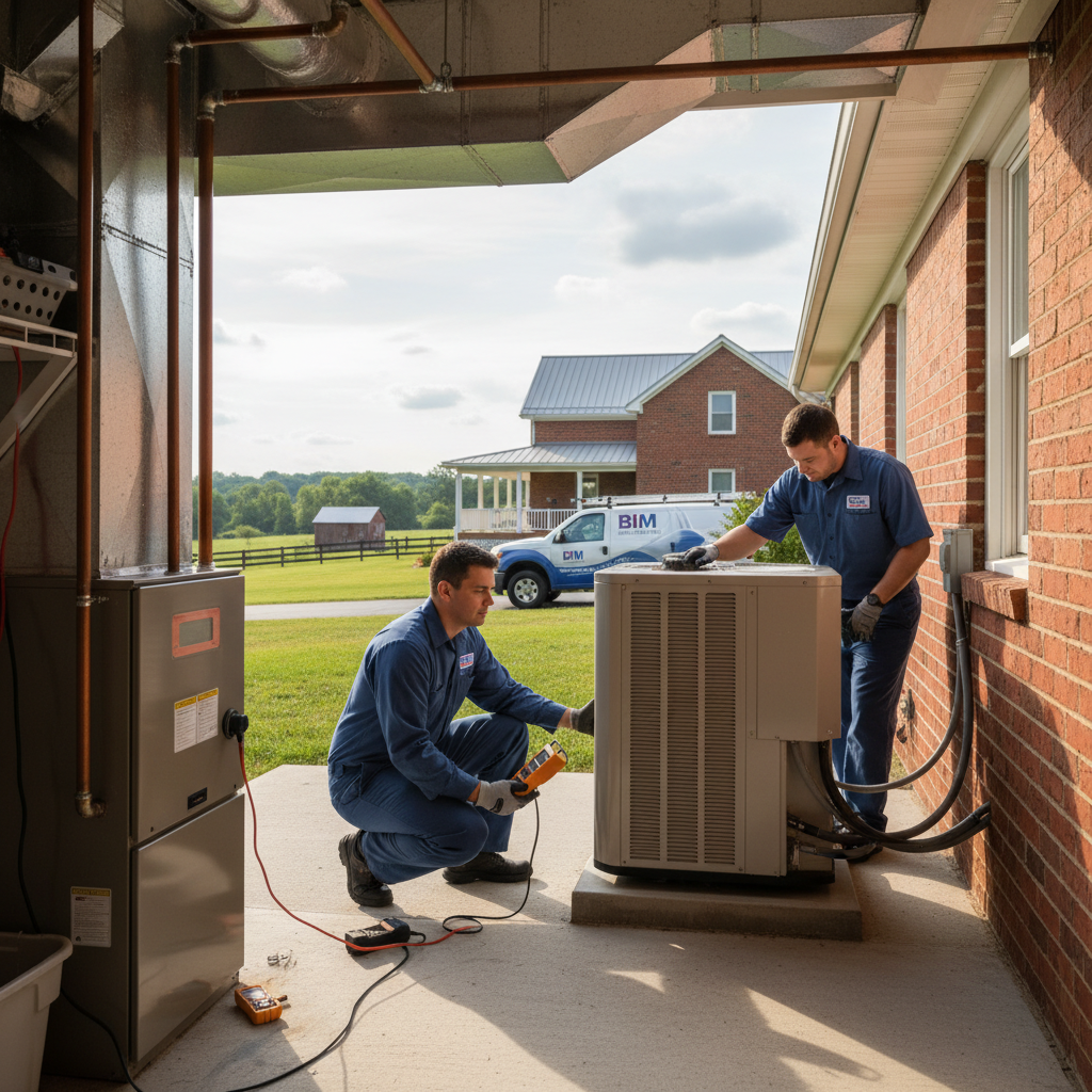 BIM Heating and Cooling technician inspecting a residential furnace in Fredericksburg, Virginia.