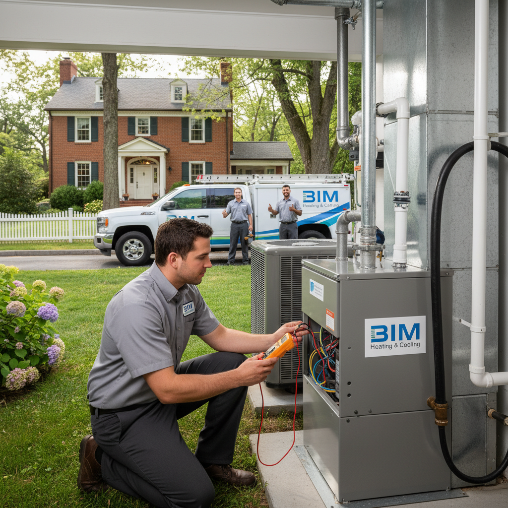 BIM Heating and Cooling technician inspecting a residential AC unit in Fredericksburg, Virginia.