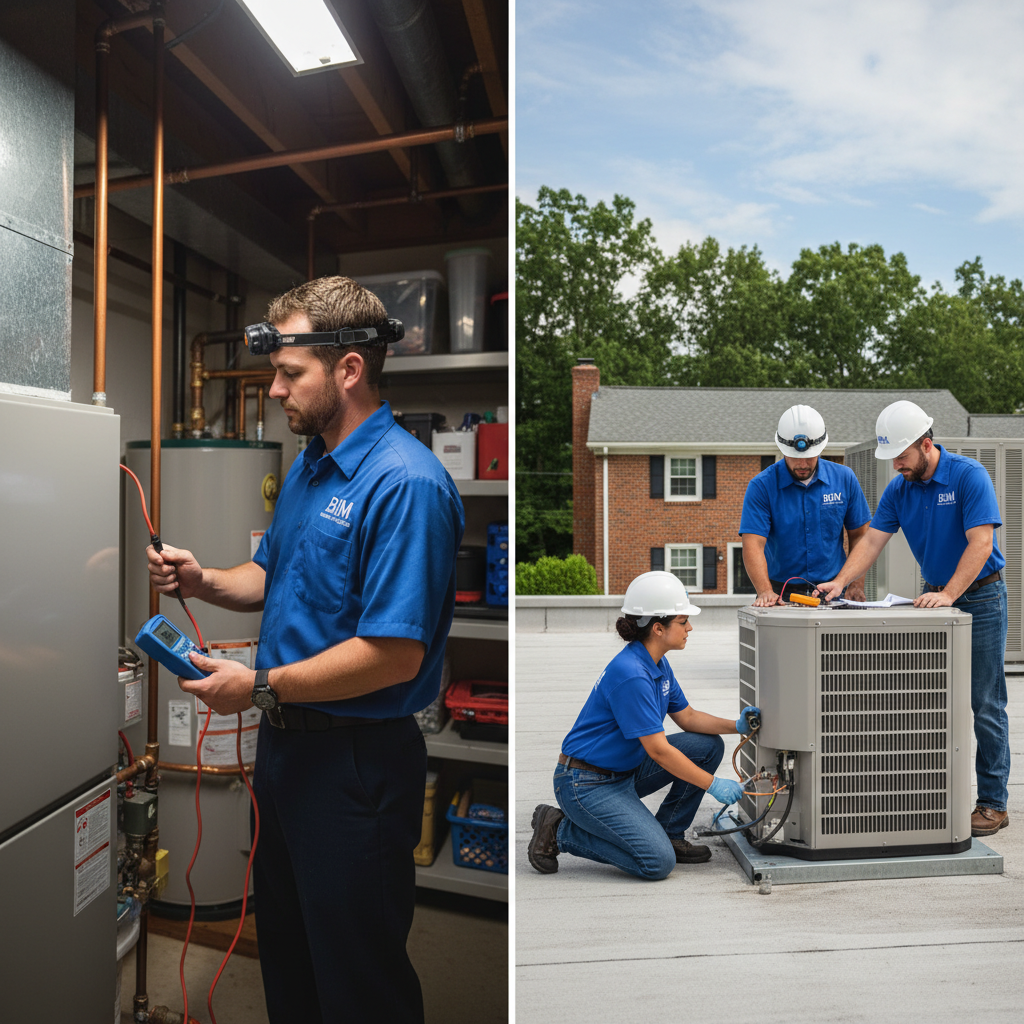 BIM Heating and Cooling technician inspecting a residential furnace in a Fredericksburg, Virginia home.
