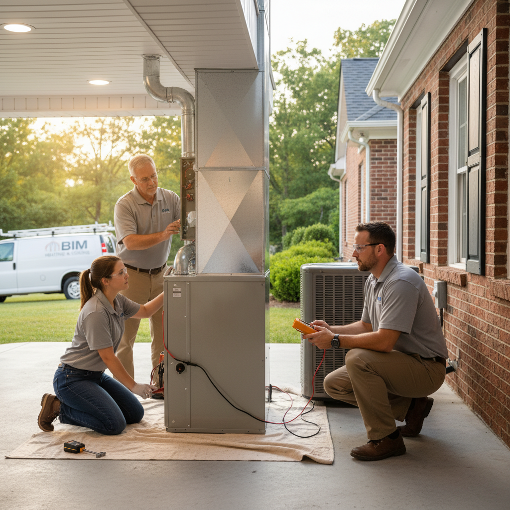 BIM Heating and Cooling technician inspecting an AC unit in a Fredericksburg, Virginia home.