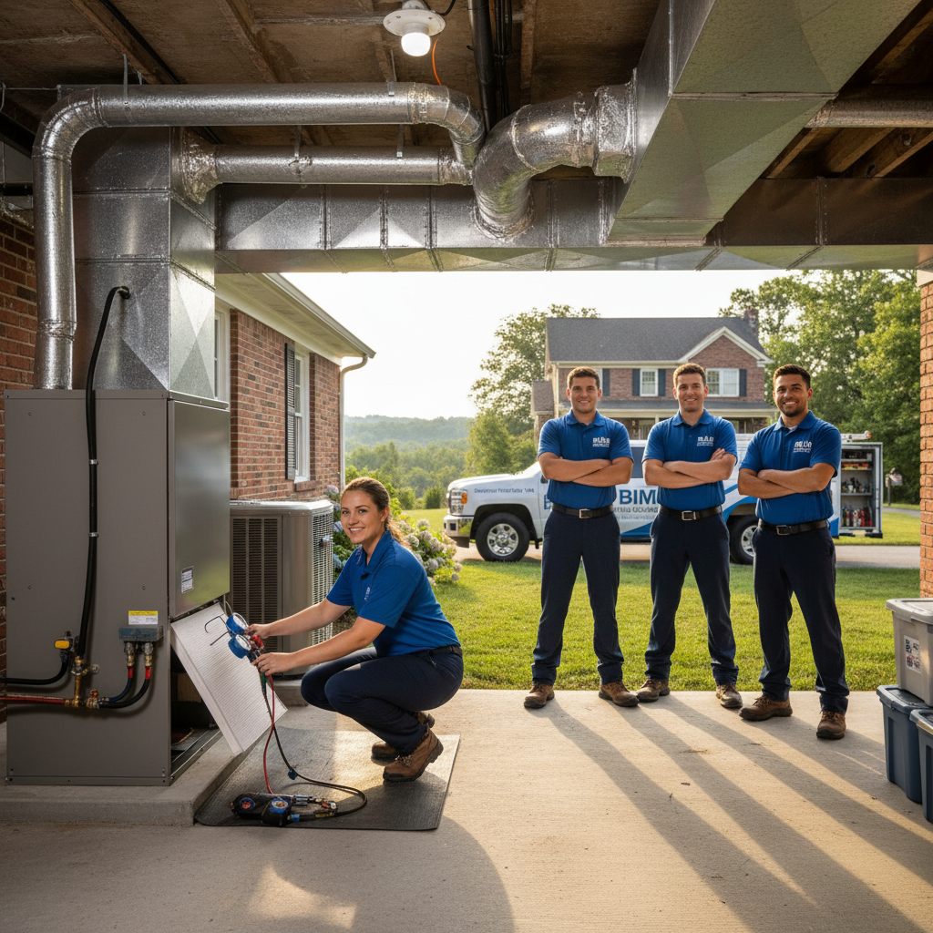 BIM Heating and Cooling technician inspecting an AC unit in a Fredericksburg, Virginia home.