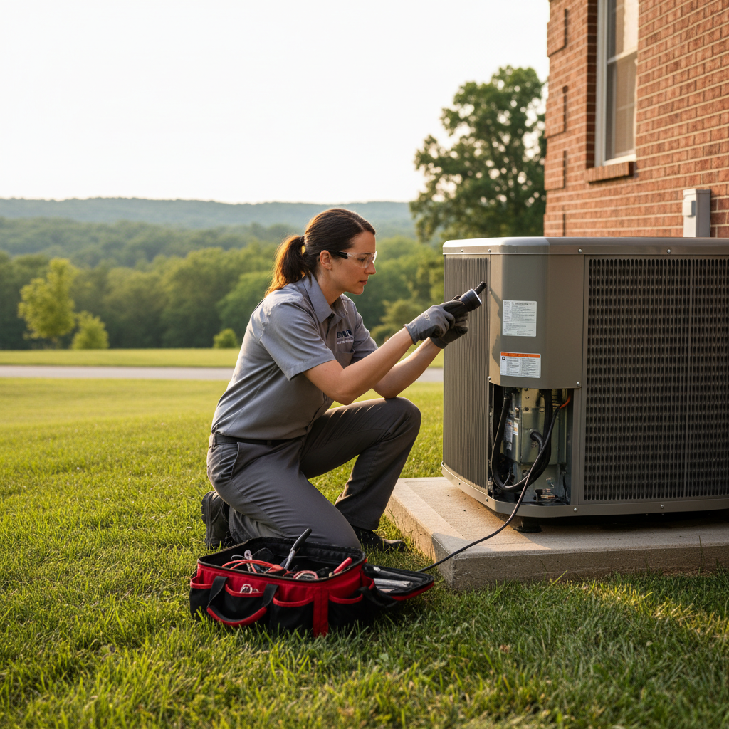 BIM Heating and Cooling technician inspecting an air conditioner condenser unit in Fredericksburg, Virginia.