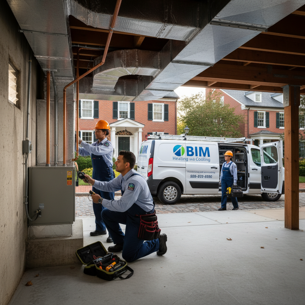 BIM Heating and Cooling technician inspecting an HVAC unit in Fredericksburg, Virginia, ensuring optimal climate control.