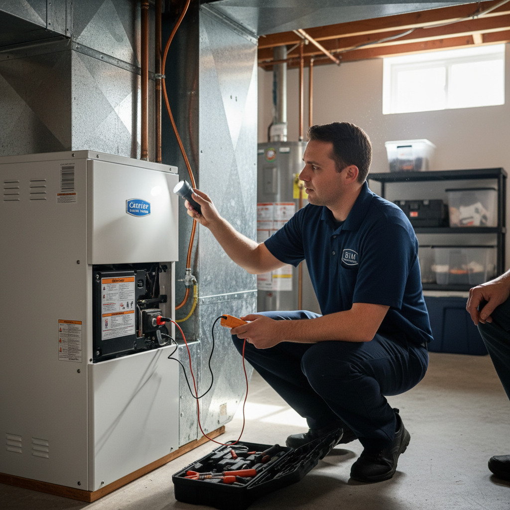BIM Heating and Cooling technician inspecting an HVAC unit in a Fredericksburg, VA home.