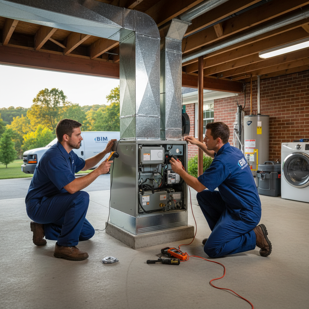 BIM Heating and Cooling technician inspecting an HVAC unit in a Fredericksburg, Virginia home.