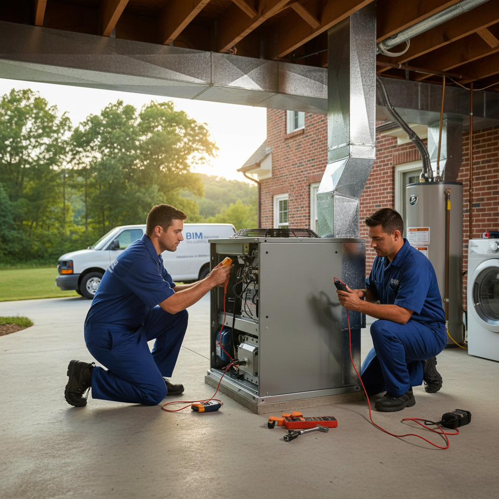 BIM Heating and Cooling technician inspecting an HVAC unit in a Fredericksburg, Virginia home.